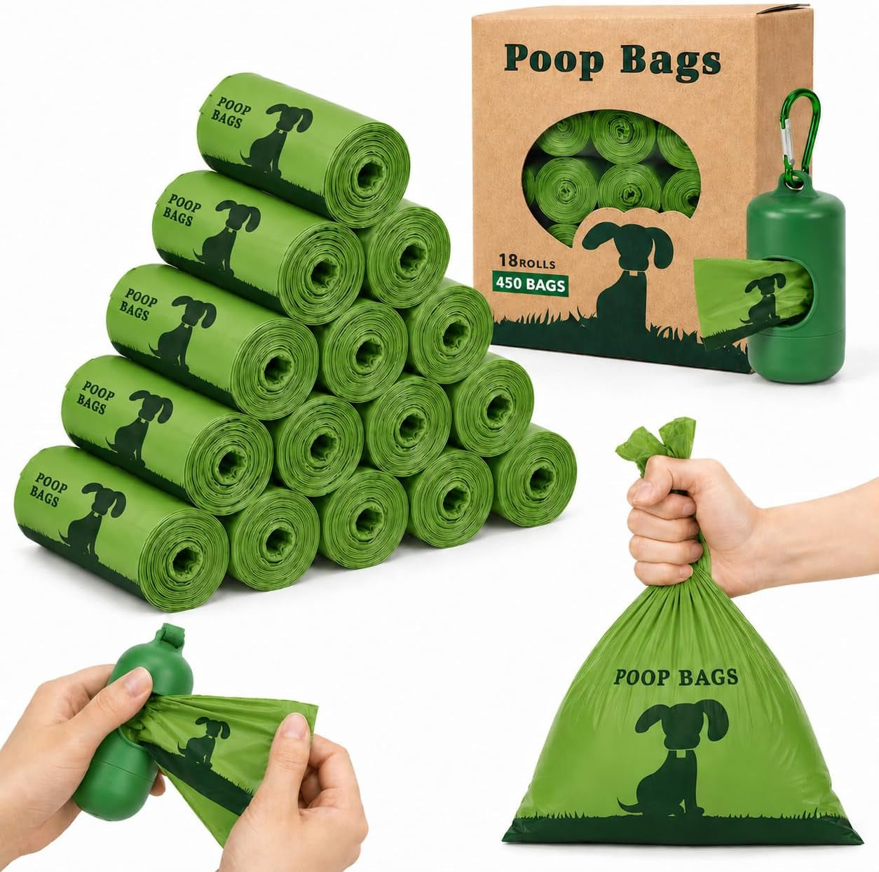 Dog Poop Bags Rolls with Dispenser– Keep Hands Clean 450 Count - Scented | Extra Thick Durable Leakproof Resistant 9 X 13 Inch Refill Rolls Waste Bags for Puppy Small Large Doggy Cleanup Travel