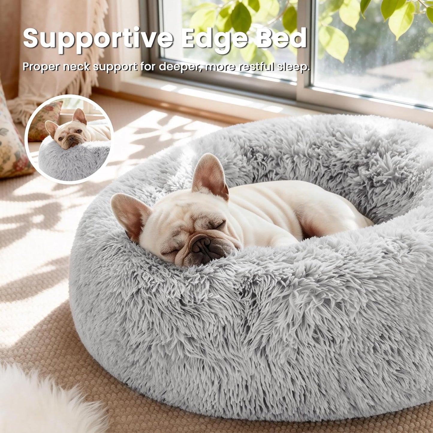Calming Cat Bed for Indoor Cats, Anti-Anxiety Donut round Dog Bed, Fluffy Faux Fur Washable Pet Bed for Small Medium Dogs and Cats, Grey, 20In