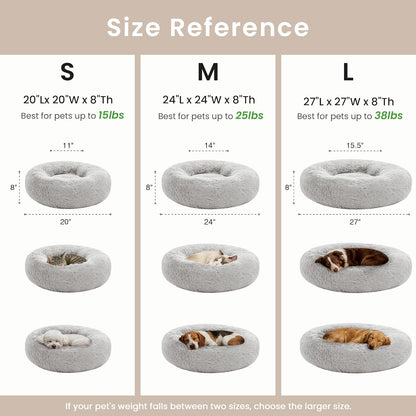 Calming Cat Bed for Indoor Cats, Anti-Anxiety Donut round Dog Bed, Fluffy Faux Fur Washable Pet Bed for Small Medium Dogs and Cats, Grey, 20In