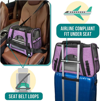 Airline Approved Pet Carrier for Cats & Small Dogs, Soft Sided TSA Travel Carrier Bag with Sherpa Bed, Breathable Mesh Ventilation, Collapsible Bowl, up to 18 Lbs, Large Heather Purple