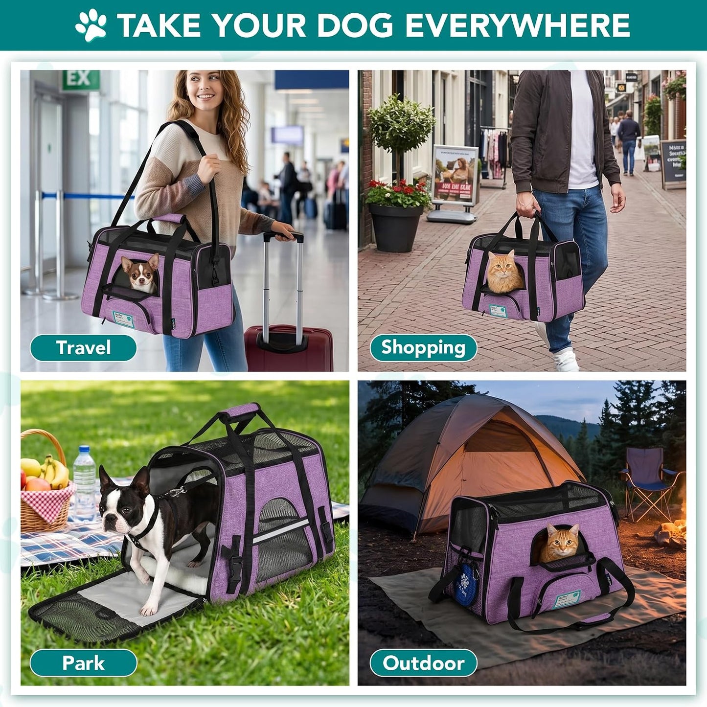 Airline Approved Pet Carrier for Cats & Small Dogs, Soft Sided TSA Travel Carrier Bag with Sherpa Bed, Breathable Mesh Ventilation, Collapsible Bowl, up to 18 Lbs, Large Heather Purple