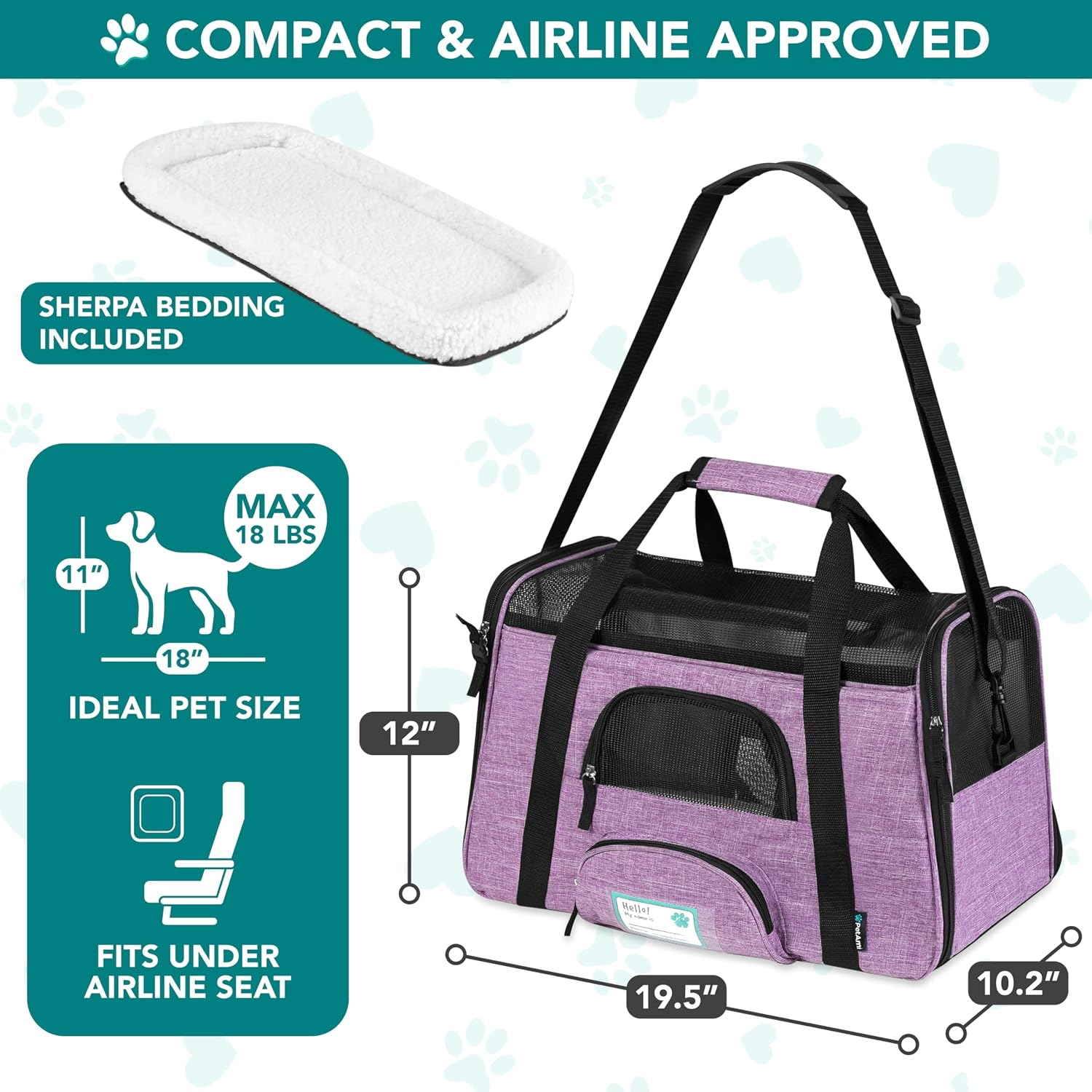 Airline Approved Pet Carrier for Cats & Small Dogs, Soft Sided TSA Travel Carrier Bag with Sherpa Bed, Breathable Mesh Ventilation, Collapsible Bowl, up to 18 Lbs, Large Heather Purple