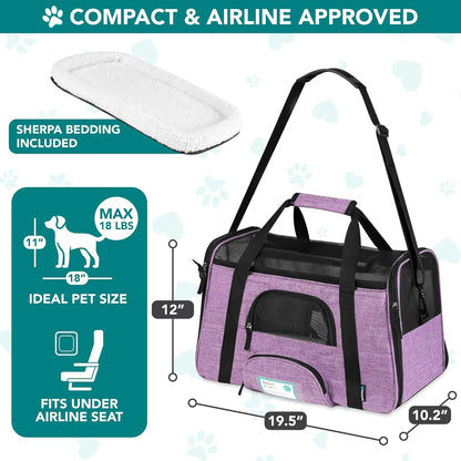 Airline Approved Pet Carrier for Cats & Small Dogs, Soft Sided TSA Travel Carrier Bag with Sherpa Bed, Breathable Mesh Ventilation, Collapsible Bowl, up to 18 Lbs, Large Heather Purple