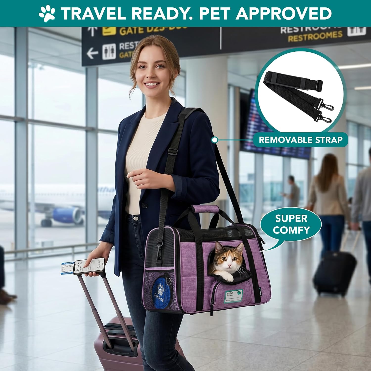 Airline Approved Pet Carrier for Cats & Small Dogs, Soft Sided TSA Travel Carrier Bag with Sherpa Bed, Breathable Mesh Ventilation, Collapsible Bowl, up to 18 Lbs, Large Heather Purple