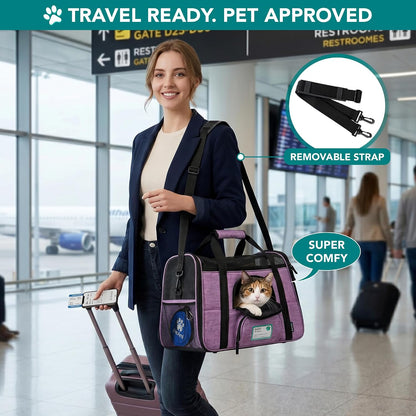 Airline Approved Pet Carrier for Cats & Small Dogs, Soft Sided TSA Travel Carrier Bag with Sherpa Bed, Breathable Mesh Ventilation, Collapsible Bowl, up to 18 Lbs, Large Heather Purple