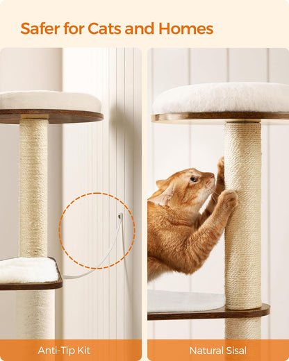 Cat Tree, 64.6-Inch Modern Cat Tower, Multi-Level Condo with 5 Scratching Posts, Perch, Washable Removable Cushions, Cave, Rustic Brown UPCT166X01
