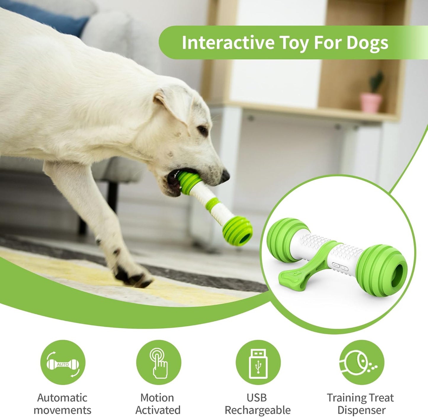 Interactive Dog Toys, Motion Activated Electronic Dog Toy Interactive Dog Bone Toys for Medium Large Dogs, USB Rechargeable Automatic Dog Toy for Boredom and Stimulating (Green)