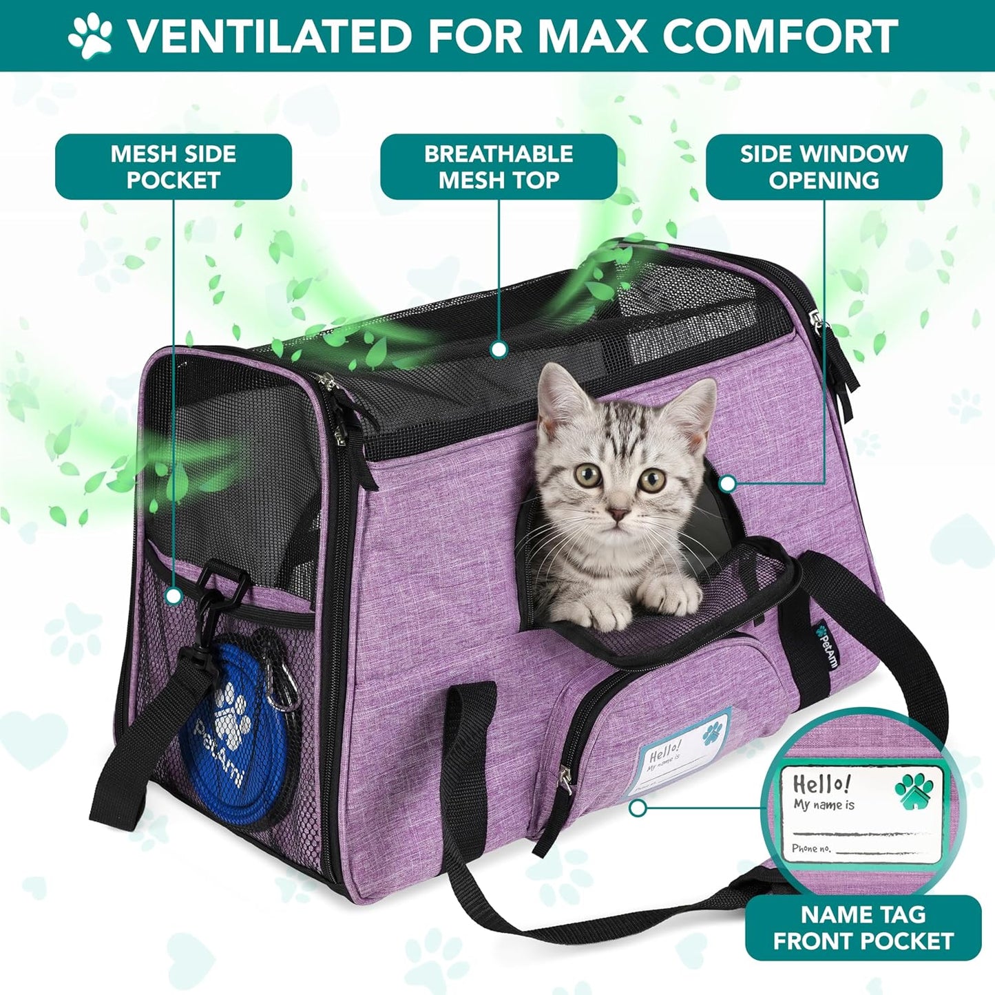 Airline Approved Pet Carrier for Cats & Small Dogs, Soft Sided TSA Travel Carrier Bag with Sherpa Bed, Breathable Mesh Ventilation, Collapsible Bowl, up to 18 Lbs, Large Heather Purple