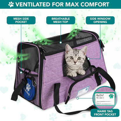 Airline Approved Pet Carrier for Cats & Small Dogs, Soft Sided TSA Travel Carrier Bag with Sherpa Bed, Breathable Mesh Ventilation, Collapsible Bowl, up to 18 Lbs, Large Heather Purple