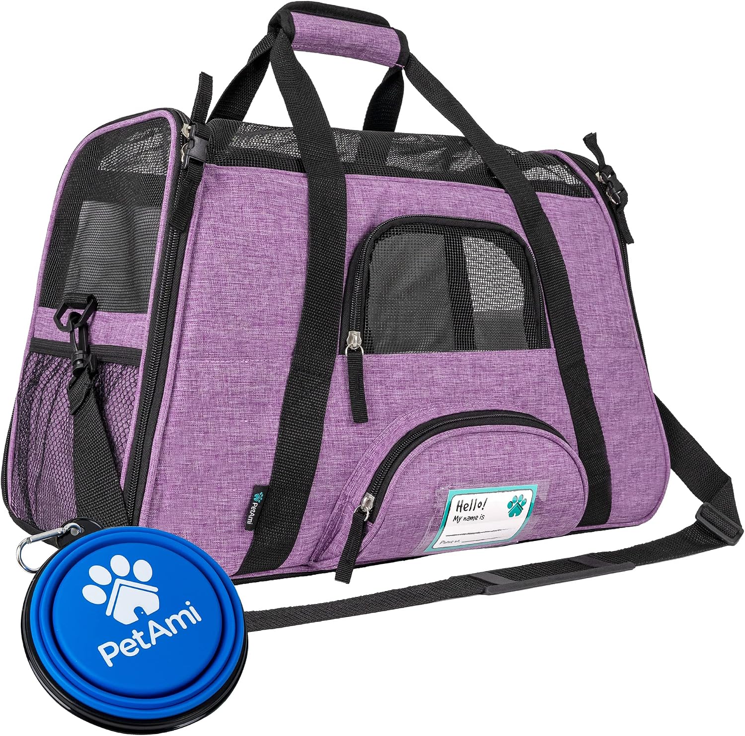 Airline Approved Pet Carrier for Cats & Small Dogs, Soft Sided TSA Travel Carrier Bag with Sherpa Bed, Breathable Mesh Ventilation, Collapsible Bowl, up to 18 Lbs, Large Heather Purple