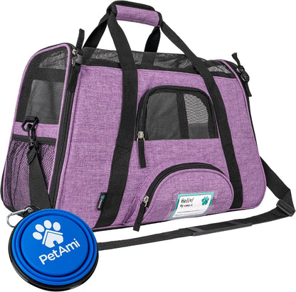 Airline Approved Pet Carrier for Cats & Small Dogs, Soft Sided TSA Travel Carrier Bag with Sherpa Bed, Breathable Mesh Ventilation, Collapsible Bowl, up to 18 Lbs, Large Heather Purple