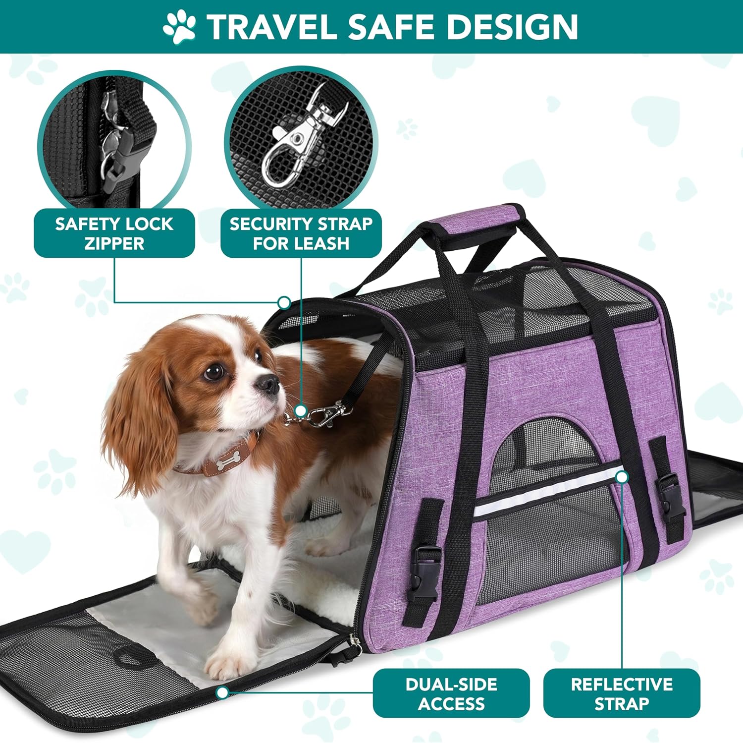 Airline Approved Pet Carrier for Cats & Small Dogs, Soft Sided TSA Travel Carrier Bag with Sherpa Bed, Breathable Mesh Ventilation, Collapsible Bowl, up to 18 Lbs, Large Heather Purple