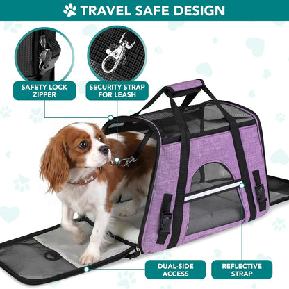 Airline Approved Pet Carrier for Cats & Small Dogs, Soft Sided TSA Travel Carrier Bag with Sherpa Bed, Breathable Mesh Ventilation, Collapsible Bowl, up to 18 Lbs, Large Heather Purple