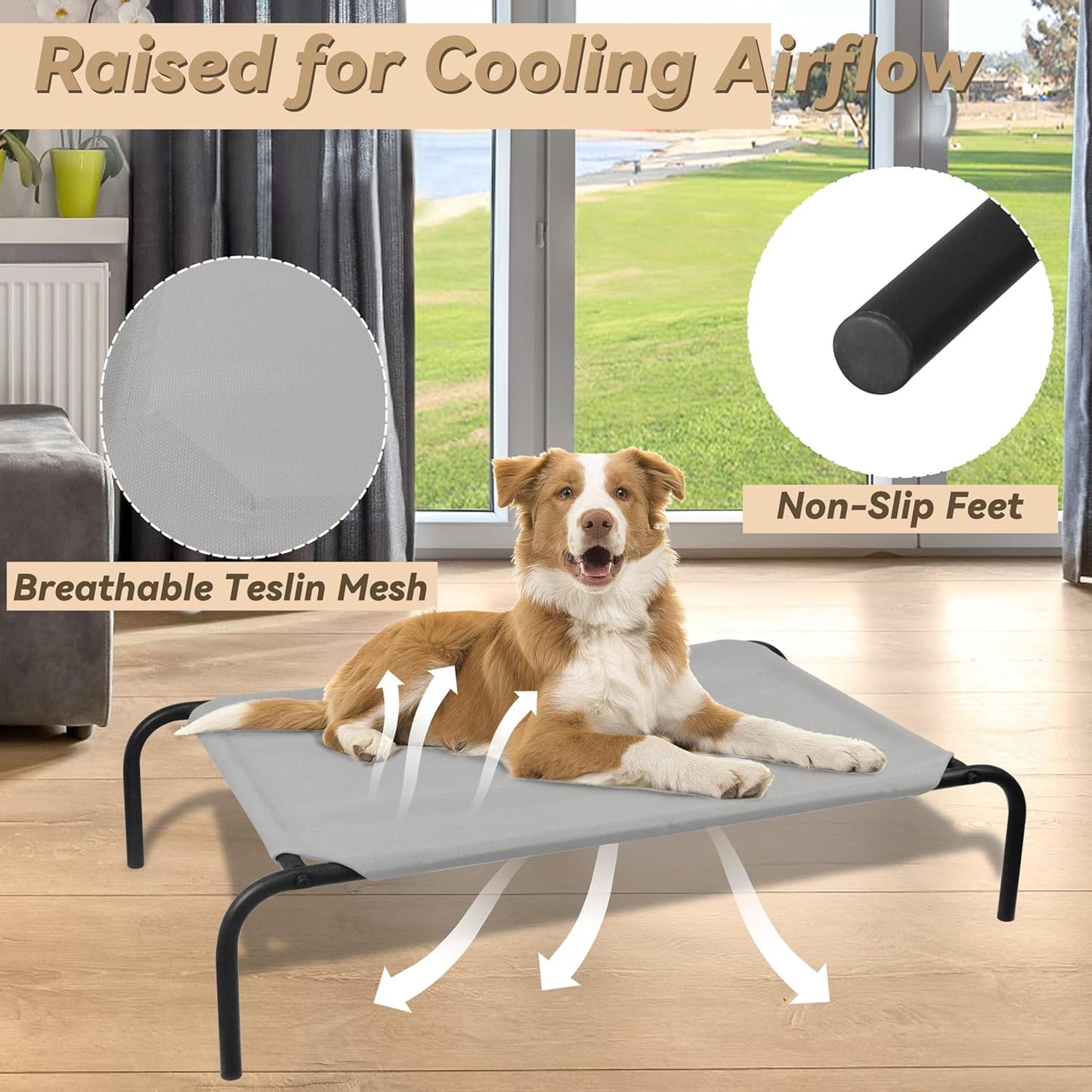 Heavy Duty Steel-Framed Portable Elevated Pet Bed, Elevated Cooling Pet Cot, 43.5" L X 25.5" W X 7.8" H(M, Grey) | Dog Cot Bed with Sturdy Steel Frame for Indoor Outdoor Use, Non Slip, Easy to Clean, 43.5 Inches, Gray