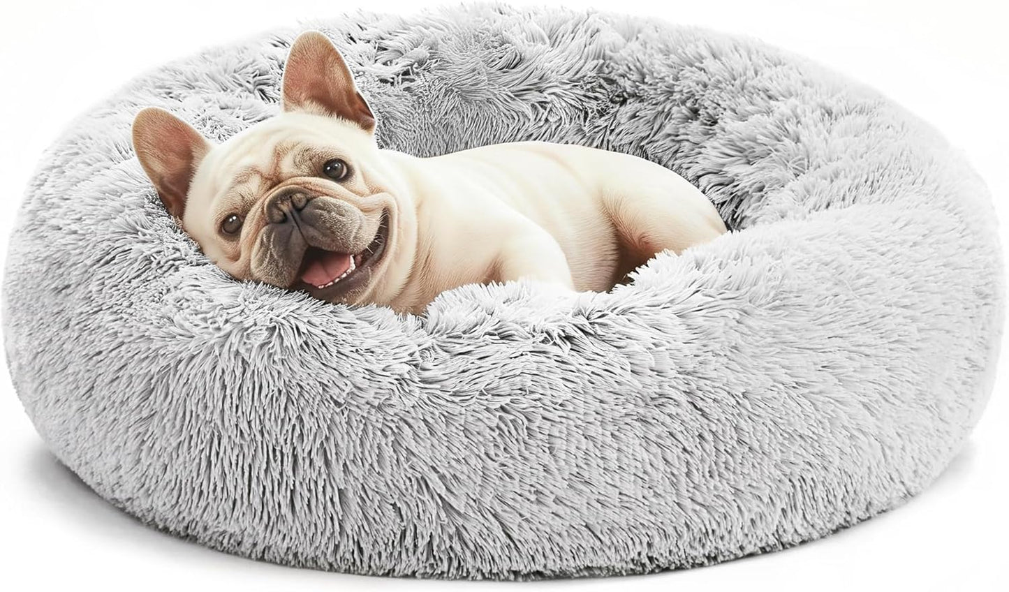 Calming Cat Bed for Indoor Cats, Anti-Anxiety Donut round Dog Bed, Fluffy Faux Fur Washable Pet Bed for Small Medium Dogs and Cats, Grey, 20In