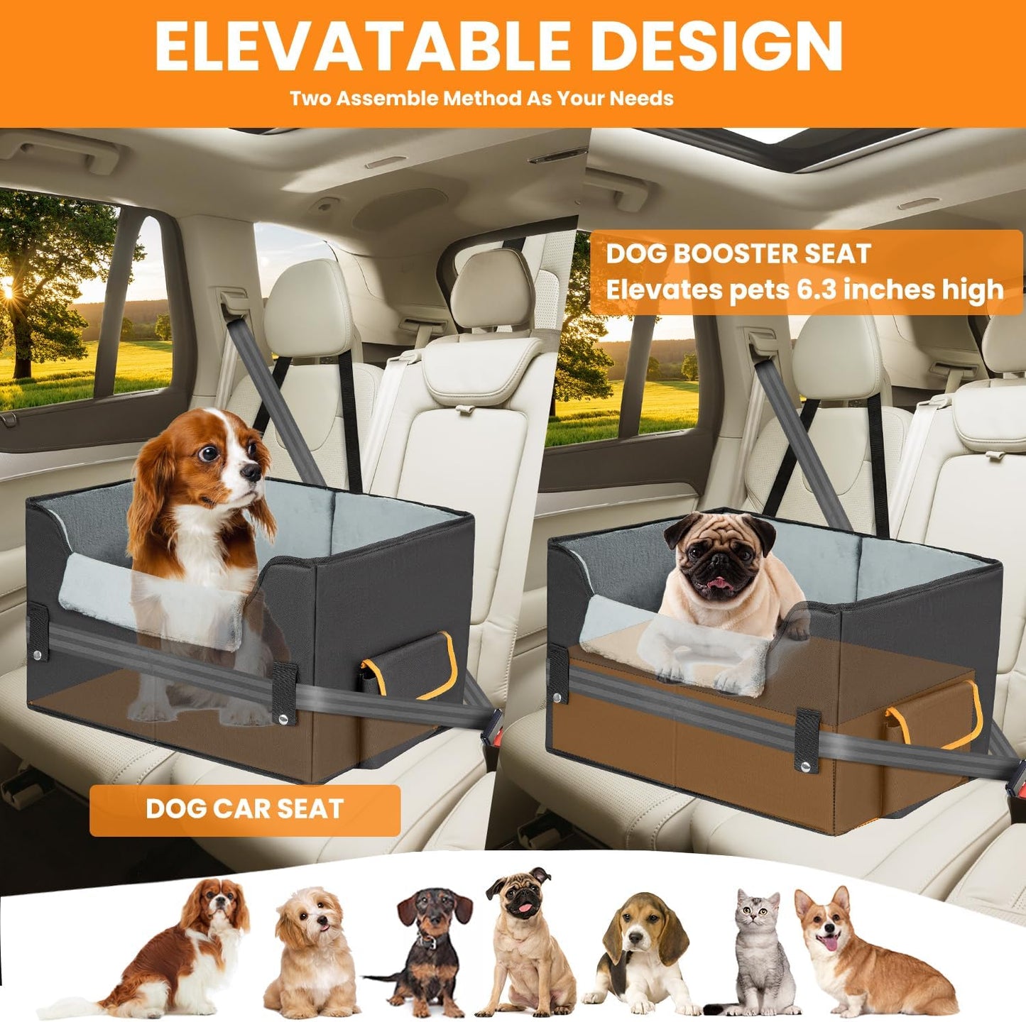Dog Car Seat for Small Dogs, Elevated Dog Booster Seat Pet Travel Carrier Bed for Car with Adjustable Straps Pet Car Booster Seat for Small Dogs and Cats