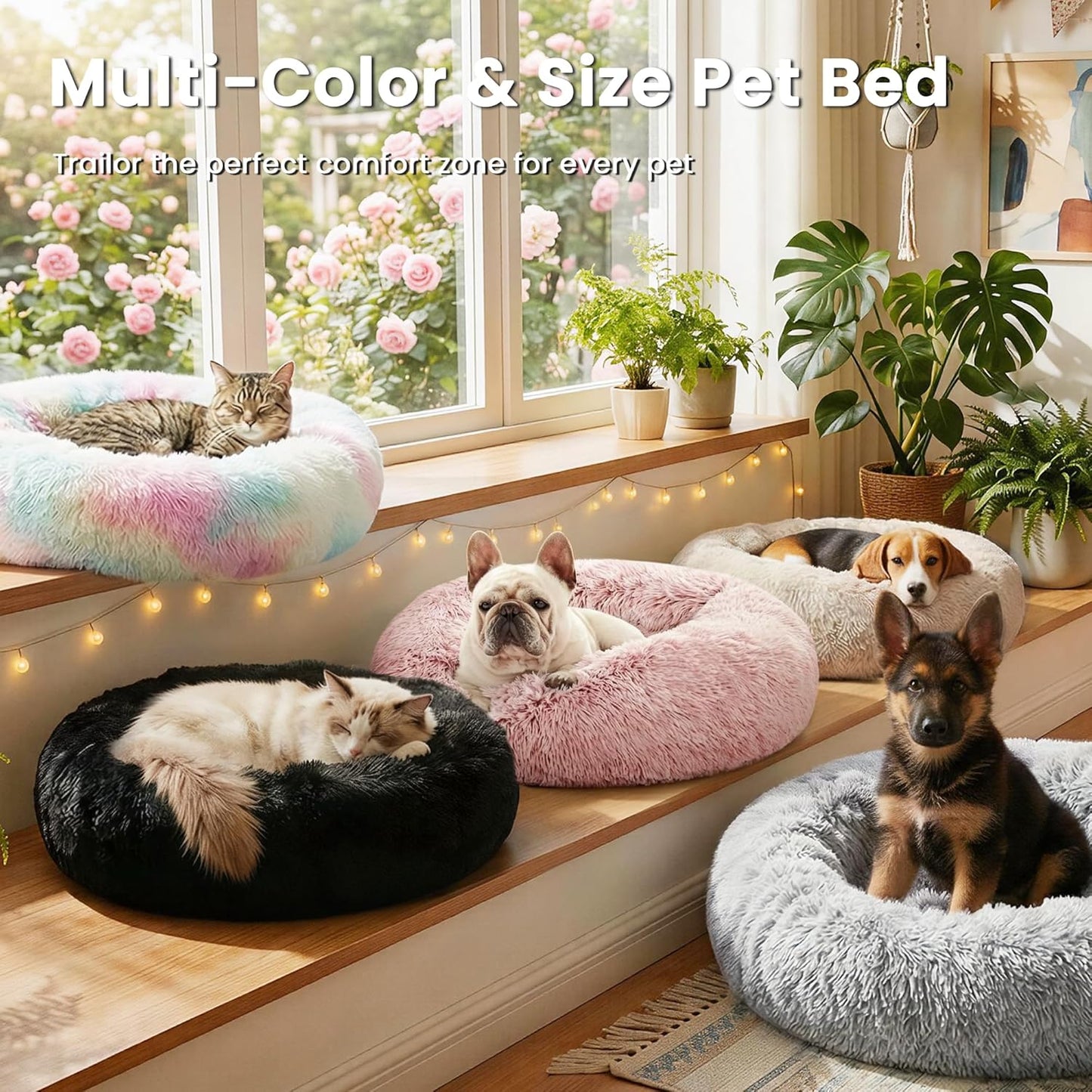 Calming Cat Bed for Indoor Cats, Anti-Anxiety Donut round Dog Bed, Fluffy Faux Fur Washable Pet Bed for Small Medium Dogs and Cats, Grey, 20In