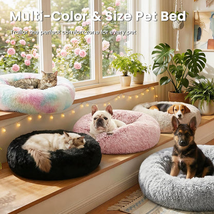 Calming Cat Bed for Indoor Cats, Anti-Anxiety Donut round Dog Bed, Fluffy Faux Fur Washable Pet Bed for Small Medium Dogs and Cats, Grey, 20In