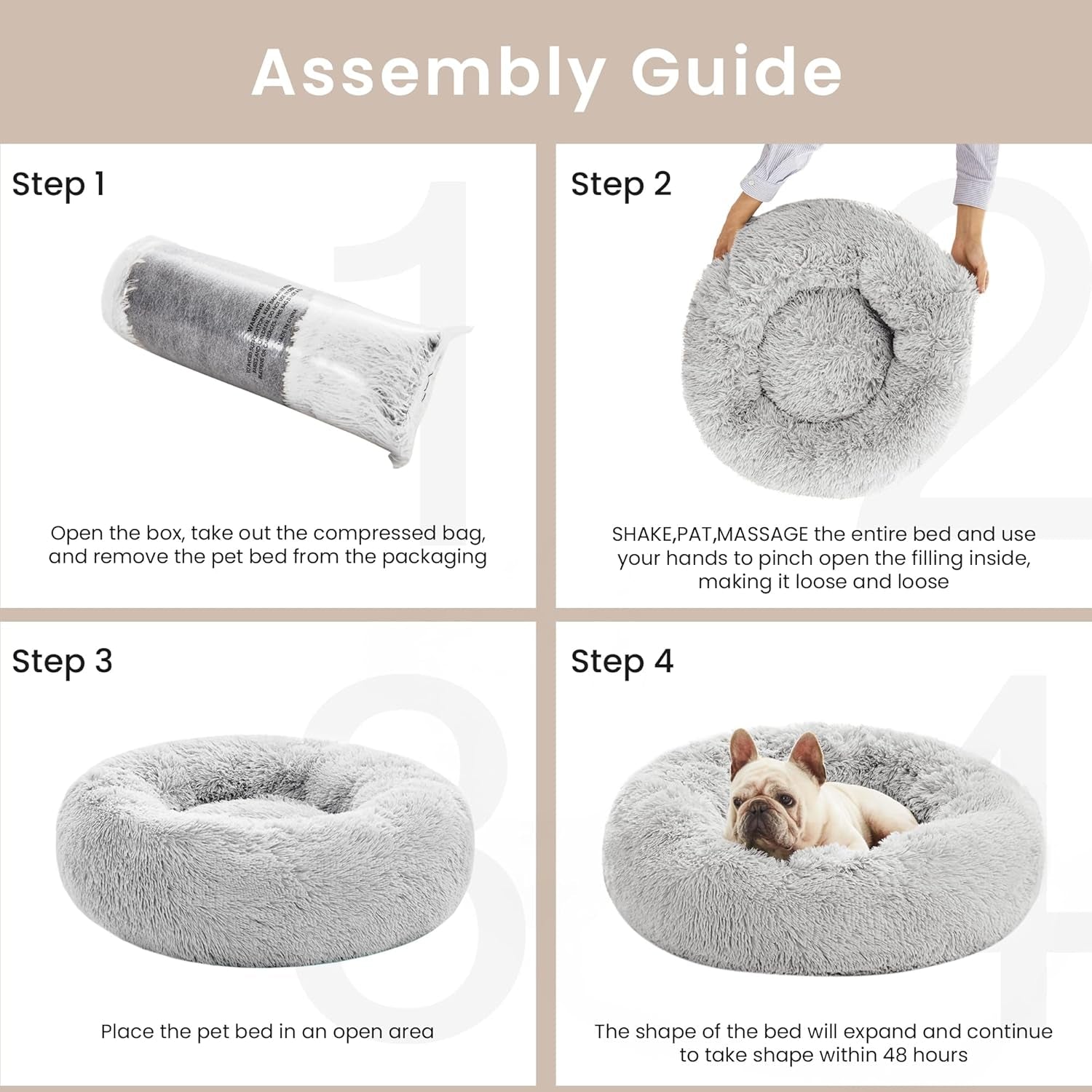 Calming Cat Bed for Indoor Cats, Anti-Anxiety Donut round Dog Bed, Fluffy Faux Fur Washable Pet Bed for Small Medium Dogs and Cats, Grey, 20In