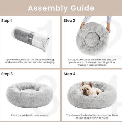 Calming Cat Bed for Indoor Cats, Anti-Anxiety Donut round Dog Bed, Fluffy Faux Fur Washable Pet Bed for Small Medium Dogs and Cats, Grey, 20In