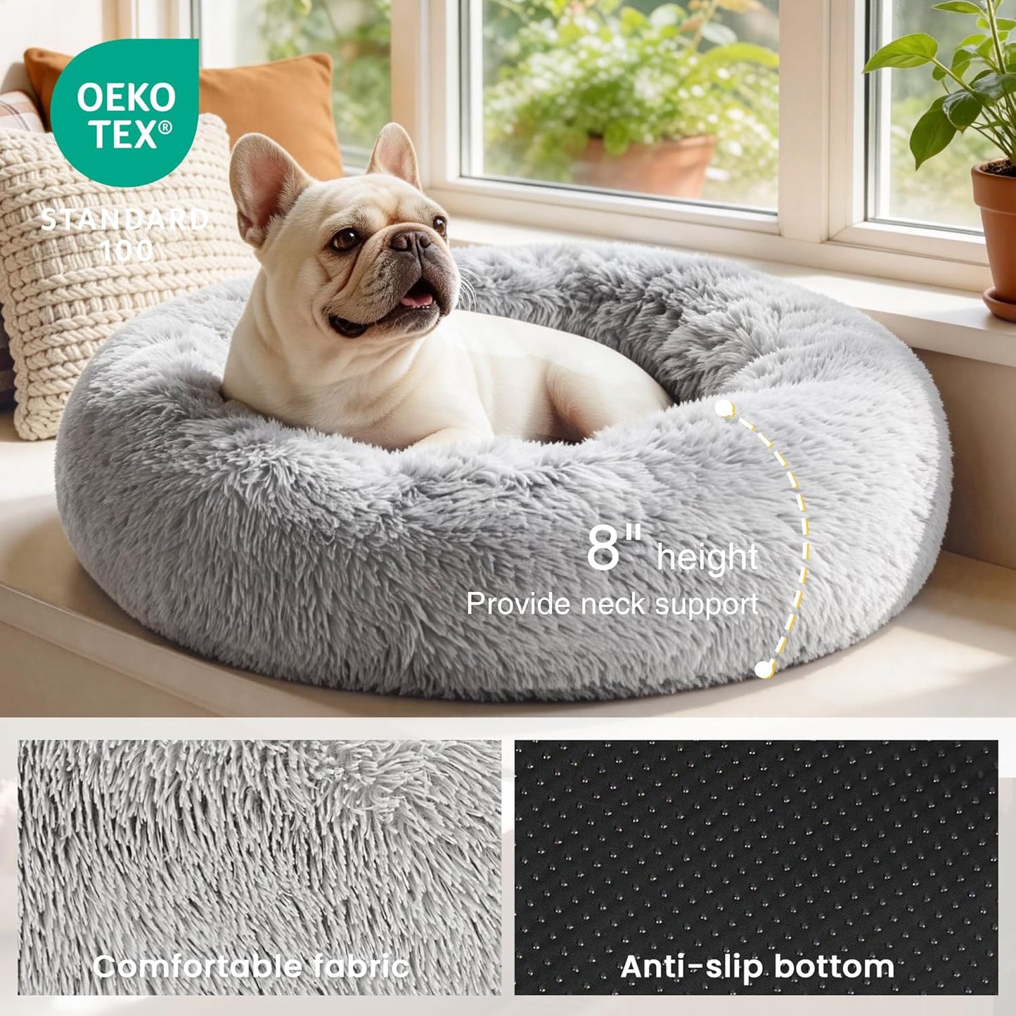 Calming Cat Bed for Indoor Cats, Anti-Anxiety Donut round Dog Bed, Fluffy Faux Fur Washable Pet Bed for Small Medium Dogs and Cats, Grey, 20In